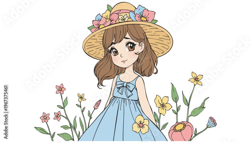 Girl wearing a straw hat with flowers in a blue dress