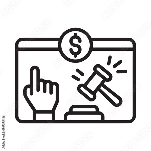 Online auction with a gavel money and pointing hand depicted in line art