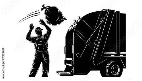 A garbage collector throwing trash into a garbage truck silhouette vector illustration