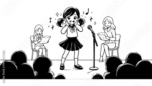 Girl singing on stage with audience and accompanists