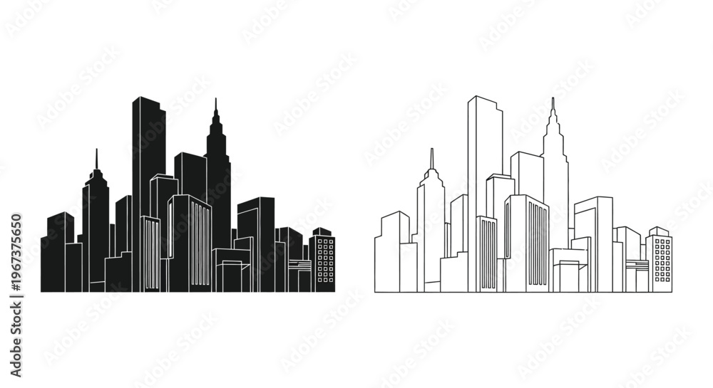 Obraz premium City Skyline Black and White Silhouette Vector