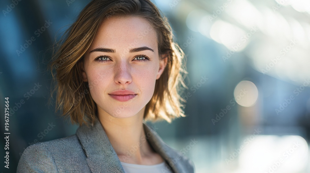 Fototapeta premium young businesswoman studio portrait with blured businessbackground and natural sunlight