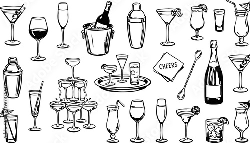 A collection of wine and cocktail glasses in a vector illustration