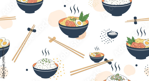 Delicious seamless pattern featuring various bowls of ramen noodles, steamed rice, and pairs of chopsticks on a clean white background.
