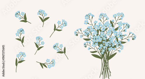 Delicate blue forget-me-not flowers arranged in a beautiful bouquet and individual stems on a light pink background.