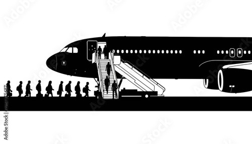 Airplane silhouette with passengers boarding on a white background