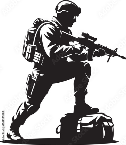 A black vector illustration of a military soldier silhouette holding a rifle weapon army person shadow