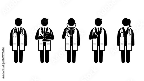 Medical doctor icon set with 5 vector silhouettes, healthcare professional characters in lab coats, physician and surgeon figures for hospital infographics