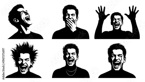 Expressive man portrait silhouettes, set of 6 vector icons showing laughter and joy, black and white male character headshots with various facial expressions