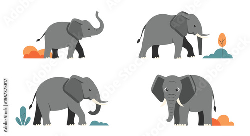 Set of four cute cartoon elephants in various active poses like walking and trumpeting on a white background.