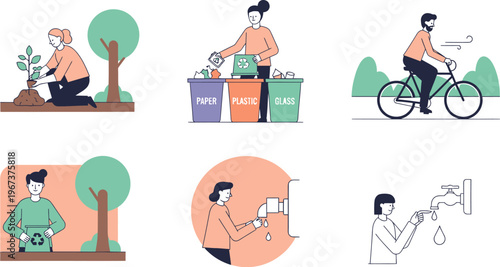 Eco friendly lifestyle icons set, sustainable living and recycling concepts, green environment vector eps
