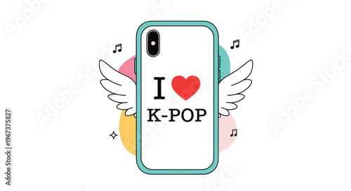 Trendy illustration of a white smartphone with wings and music notes featuring a heart and the text I love K-pop on its screen.