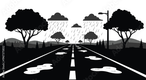 Rainy road stretches into the distance with dark tree silhouettes