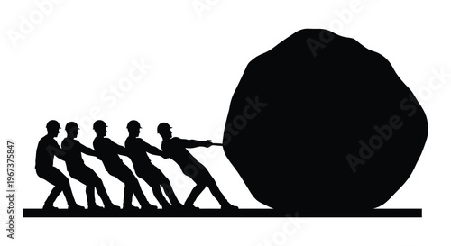 Teamwork and effort men pulling a large rock a strong silhouette