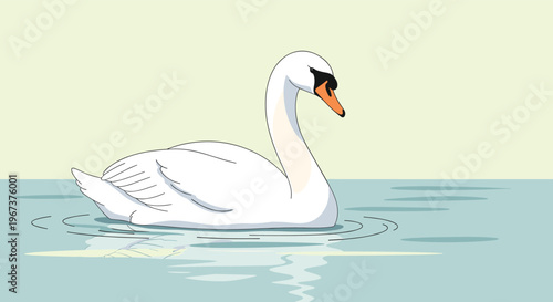 Graceful white swan gliding peacefully on calm blue water with soft reflections against a light green background.