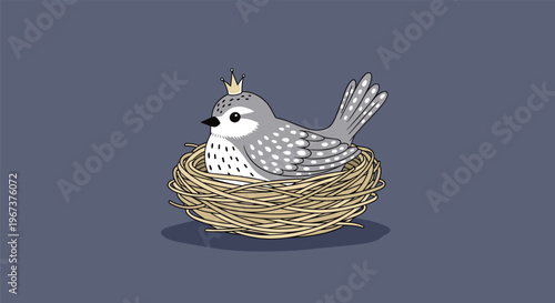 Cute grey bird wearing a golden crown sits comfortably in its straw nest, isolated on a solid dark blue background.