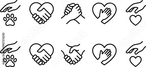 Care and Support Icon Set with Helping Hands Heart Symbols Handshake Pet Care and Compassion Icons for Charity Healthcare and Social Services Design