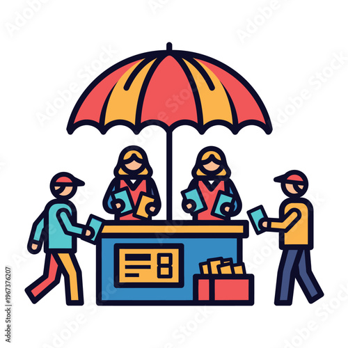 People working at a promotional booth under an umbrella.