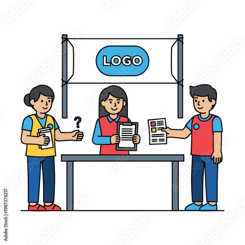 People working at a promotional event booth with a logo banner.