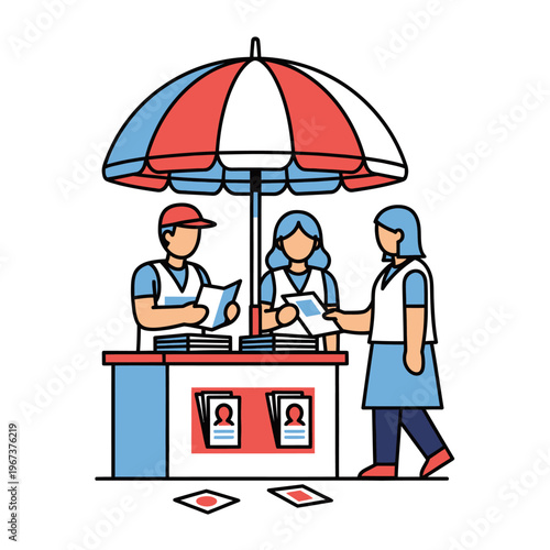 People working at a promotional booth under an umbrella.