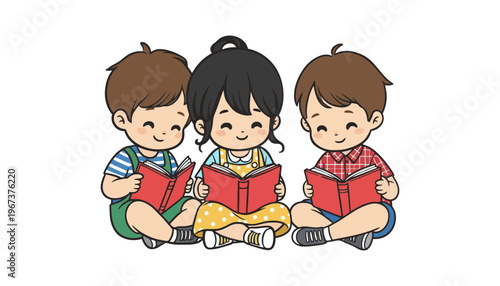 Children reading books together in a colorful illustration style