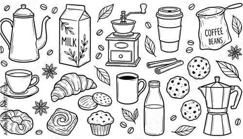 Coffee vector illustration set with milk and pastry items
