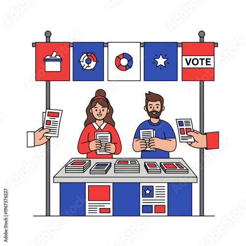 People working at a voting booth distributing information.
