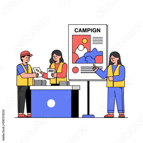 People working together at a campaign event distributing flyers.