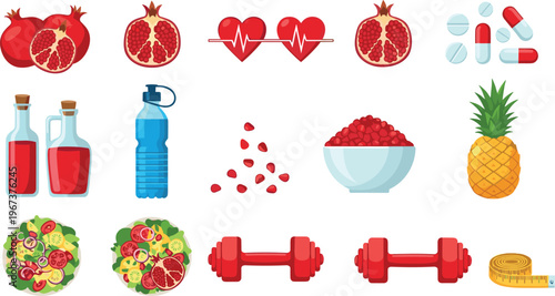 Healthy lifestyle pomegranate set with juice fruits fitness icons and nutrition elements vector illustration isolated on white background