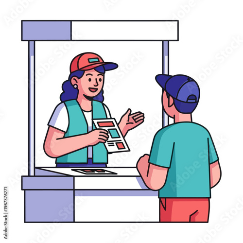 Promotional staff member interacting with a customer at a booth.