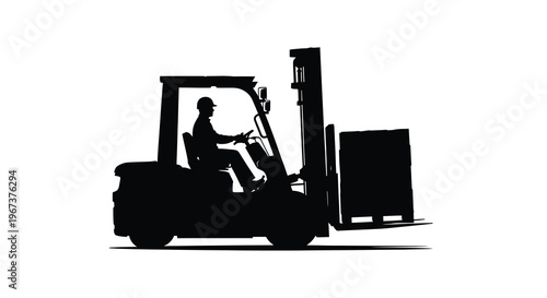 Forklift operator driving with a loaded pallet black silhouette
