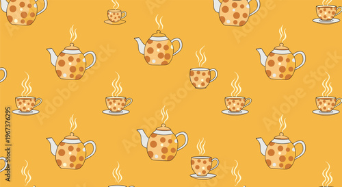 Charming seamless pattern featuring orange polka dot teapots and matching steaming tea cups over a warm yellow background.