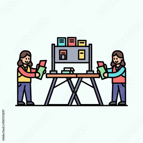 Two people distributing flyers at a table with a display board.