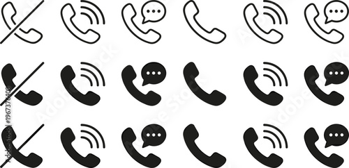Phone Call Icon Set with Incoming Outgoing Missed Call Symbols and Communication Chat Icons for Apps, UI Design, and Digital Interfaces