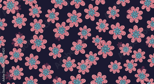 Vibrant seamless pattern of pink and purple speckled flowers with blue centers, densely packed on a dark navy background.
