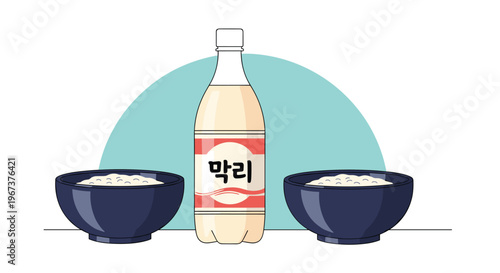 Traditional Korean rice wine bottle labeled Makgeolli placed between two dark blue bowls filled with cooked white rice.