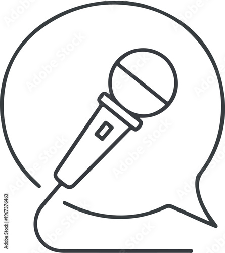 Microphone in speech bubble line icon. Podcast, voice record, or interview concept. Audio symbol for broadcast, web, or app. Communication, talk show, or journalism sign