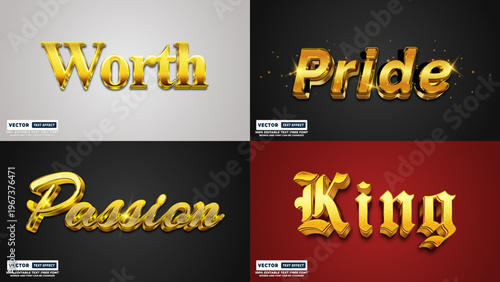 Golden metallic text effect collection: worth, pride, passion, king, word art, text design, web design