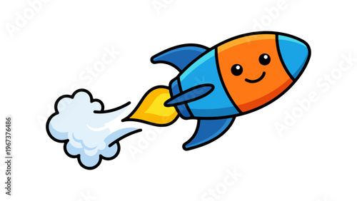 Cartoon rocket ship launching with smoke trail with blast off with white background.