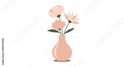 Minimalist illustration of a light pink ceramic vase holding three delicate peach-colored flowers with green stems and leaves.