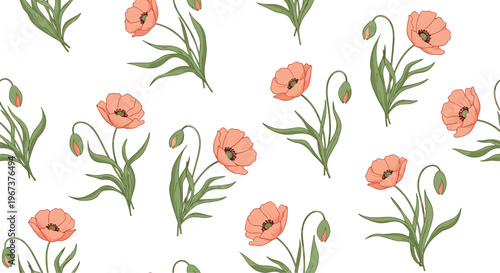 Beautiful seamless pattern featuring orange-pink poppy flowers and buds with green leaves on a crisp white background.