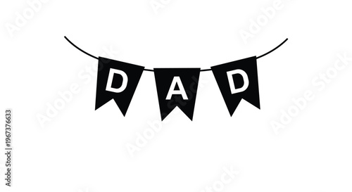 Simple black and white illustration of three pennant flags hanging on a string, spelling out the word DAD in bold letters.