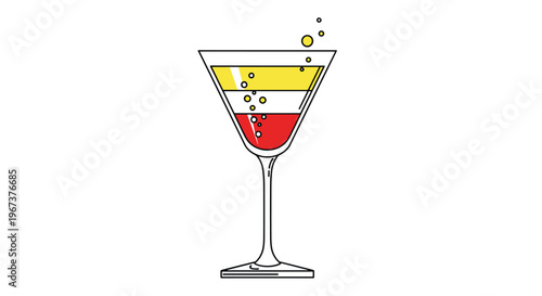 Stylish illustration of a layered cocktail in a martini glass with red, white, and yellow bands and tiny effervescent bubbles.