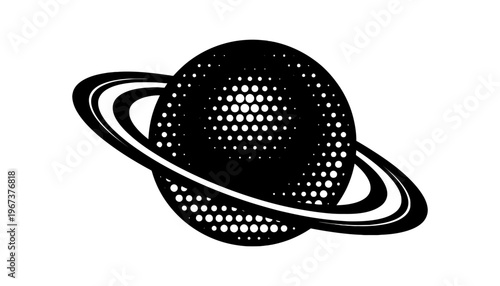 A black planet vector illustration with white dots and rings on a white background