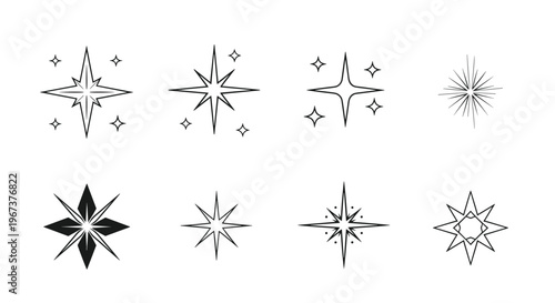 Set of various star and sparkle icons featuring different geometric shapes and styles for decorative graphic design and celestial themes.
