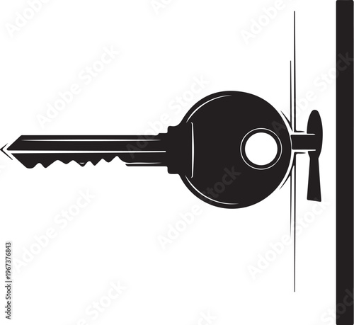 Black key inserted into a lock white door