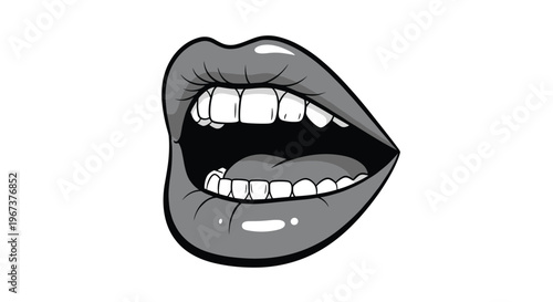 Bold graphic illustration of an open human mouth showing upper and lower white teeth and a pink tongue, grey lips.