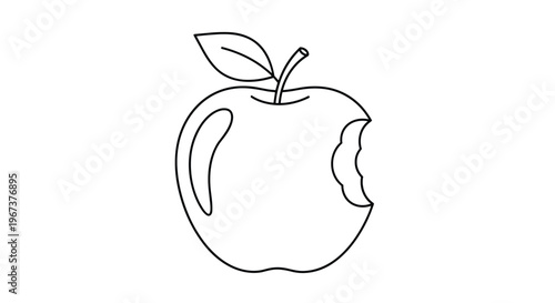 Clean black and white line art drawing of a single apple with a large bite taken out of its side, featuring a stem and leaf.