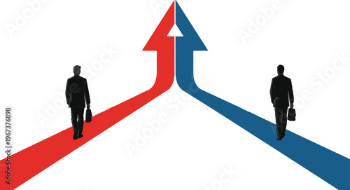 Business merger concept with red and blue arrows joining, professional businessmen silhouettes walking toward corporate unity and growth