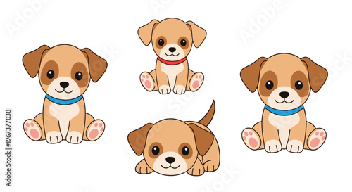 Set of four adorable cartoon puppies in various cute poses including sitting and lying down with bright friendly facial expressions.